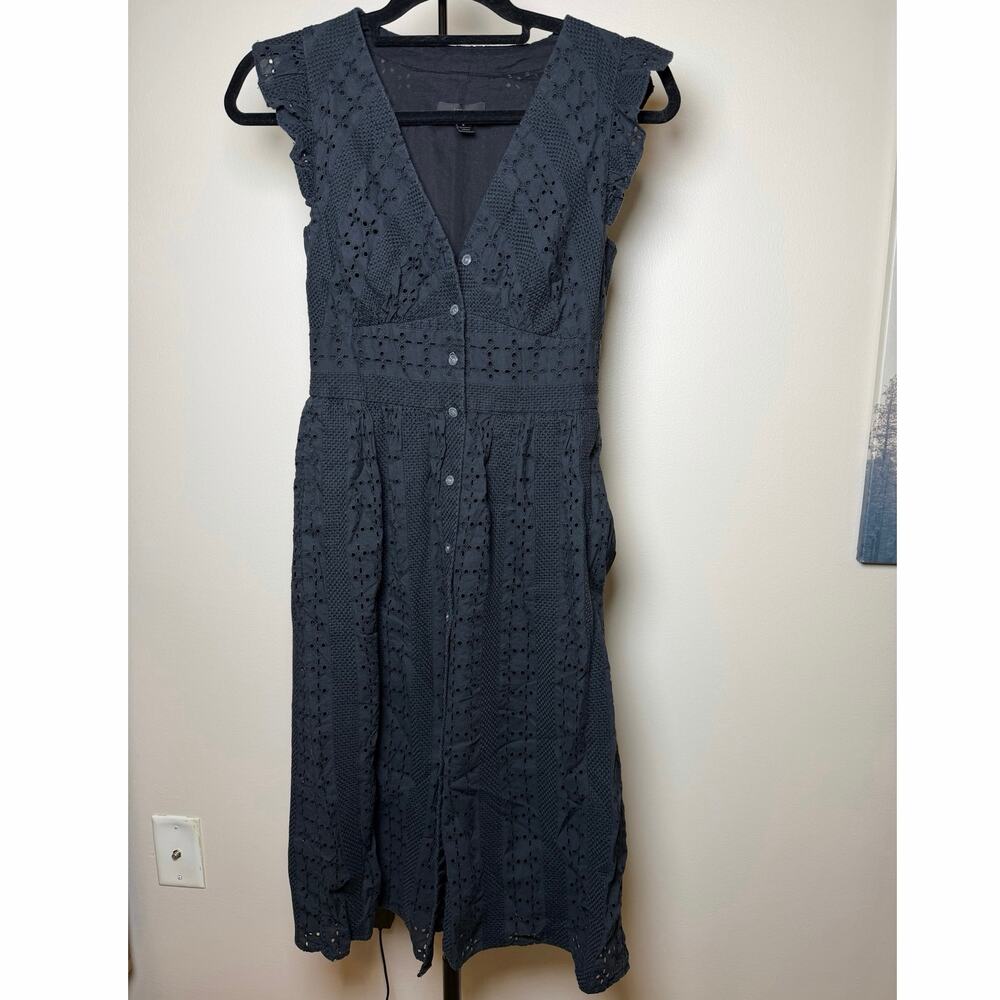 Black Eyelet Button Up 100% Cotton J Crew Midi Dress Size 2